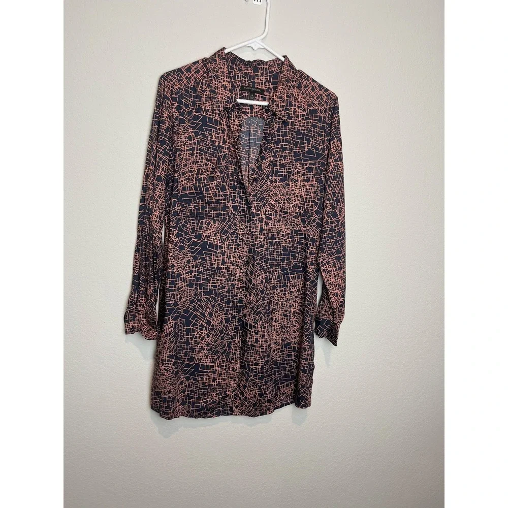 Banana Republic Button Up Tunic Womens 8 Blue Geometric Collared 3/4 Sleeve Top - Picture 1 of 7